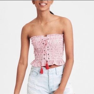 American Eagle Outfitters Red Runched Lace Up Strapless Tube Top